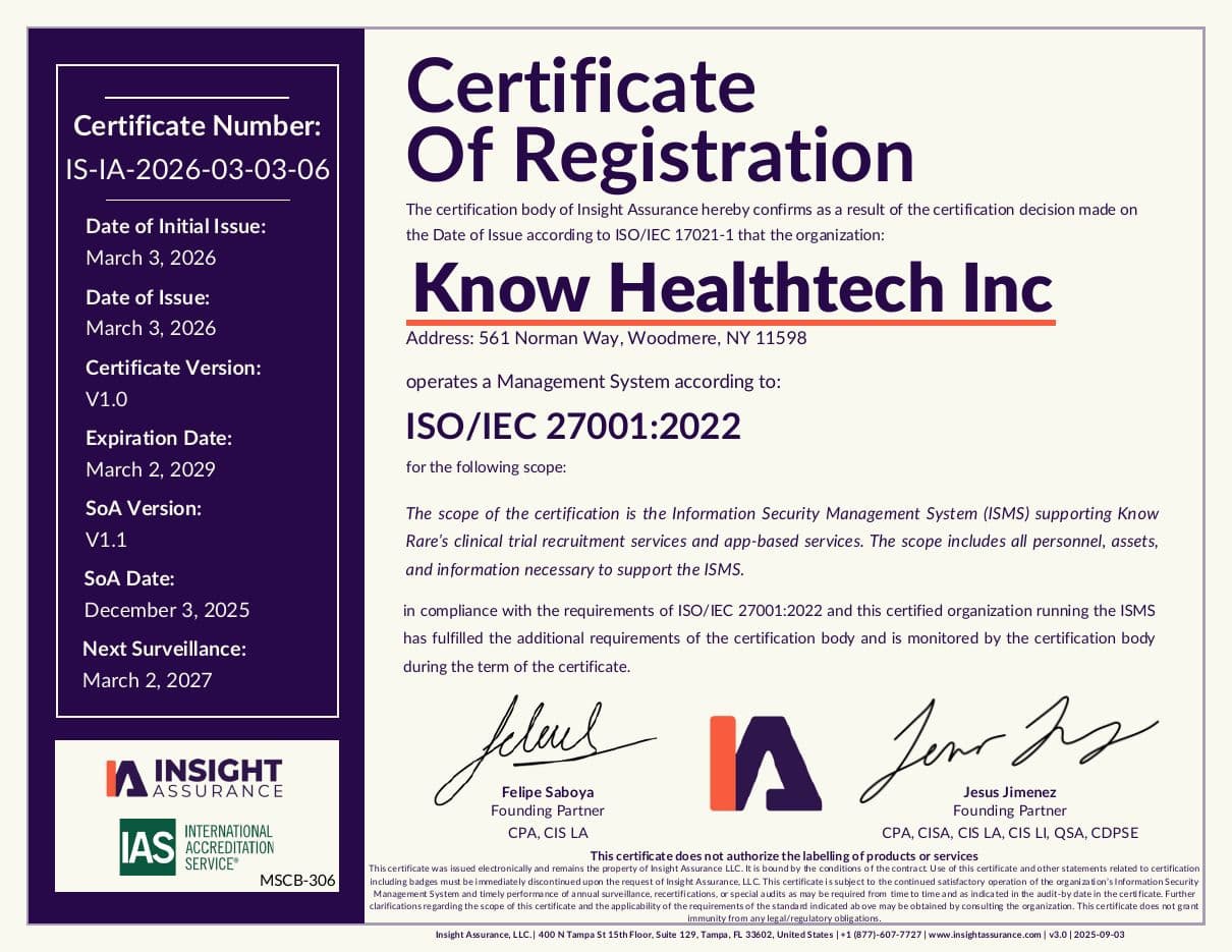 Certificate of Registration, page 1: Know Healthtech Inc, ISO/IEC 27001:2022, issued by Insight Assurance