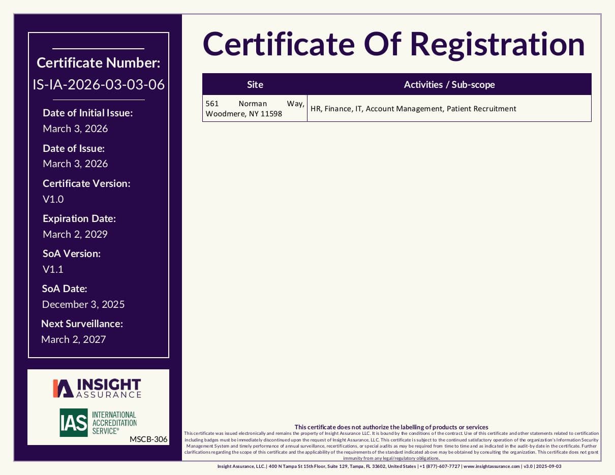 Certificate of Registration, page 2: site 561 Norman Way, Woodmere, NY; activities HR, Finance, IT, Account Management, Patient Recruitment